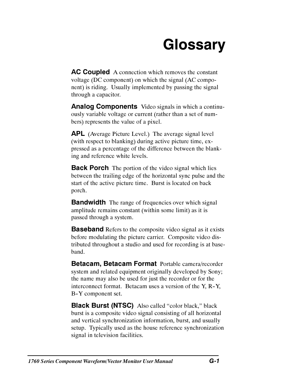 Glossary | Tektronix 1760 User Manual | Page 163 / 180