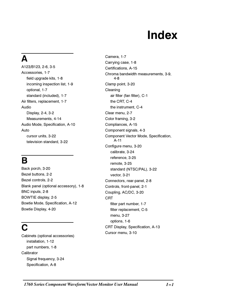 Index | Tektronix 1760 User Manual | Page 175 / 180