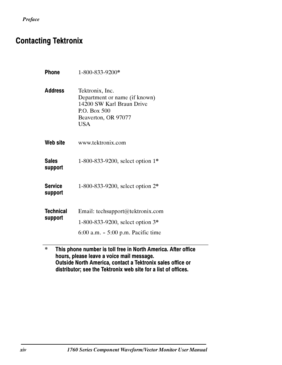Contacting tektronix | Tektronix 1760 User Manual | Page 18 / 180
