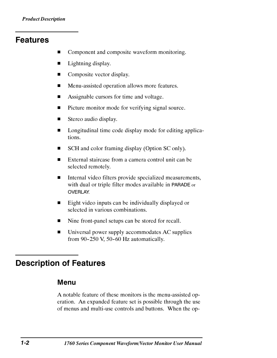 Features, Description of features, Menu | Tektronix 1760 User Manual | Page 22 / 180