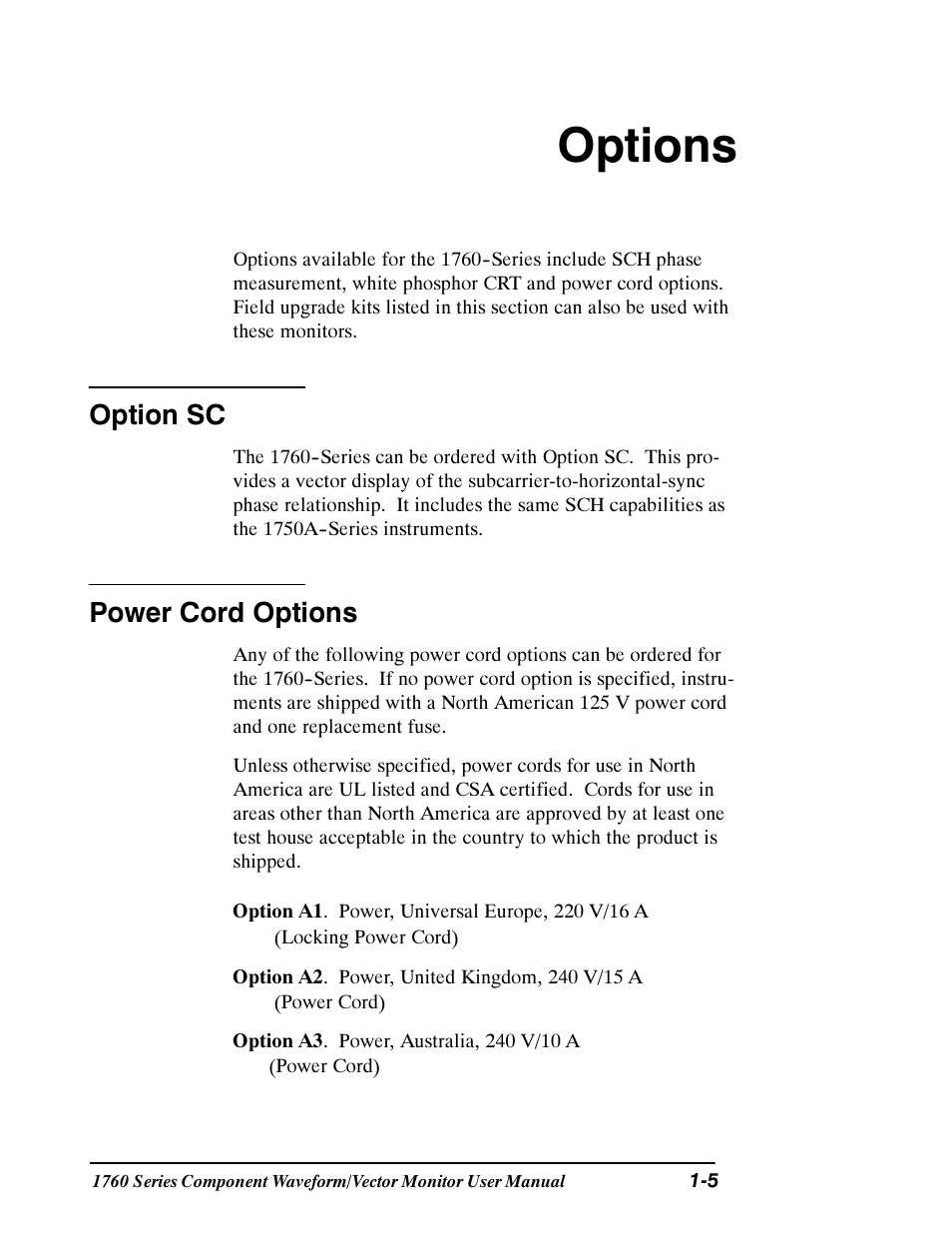Options, Option sc, Power cord options | Tektronix 1760 User Manual | Page 25 / 180