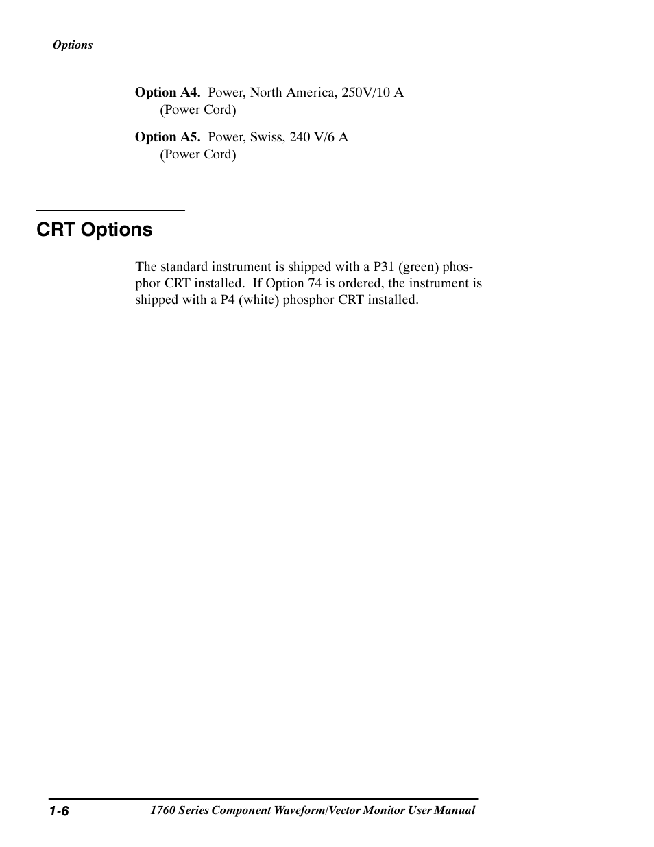 Crt options | Tektronix 1760 User Manual | Page 26 / 180