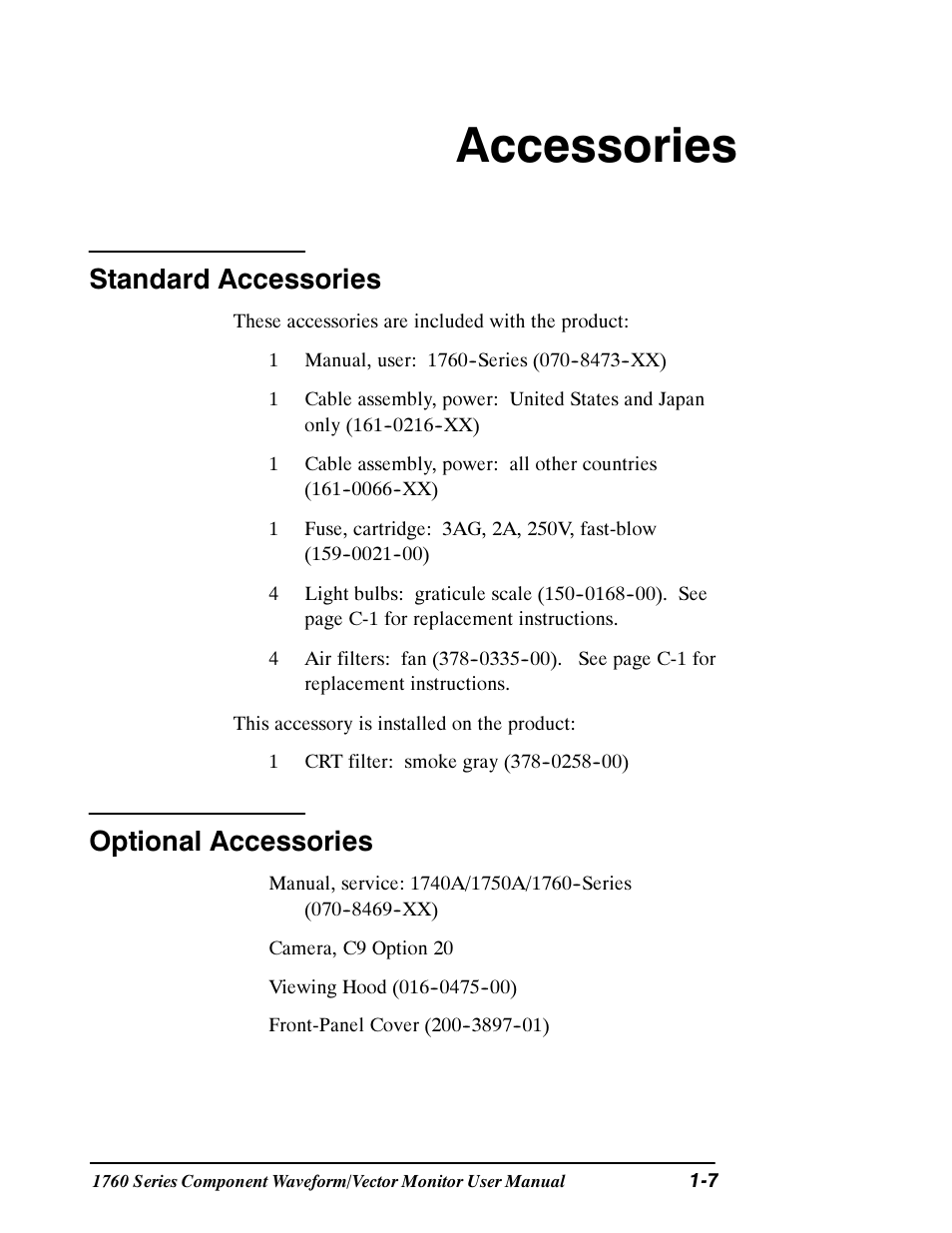 Accessories, Standard accessories, Optional accessories | Tektronix 1760 User Manual | Page 27 / 180