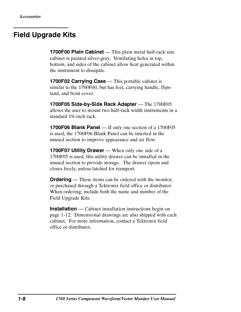Field upgrade kits | Tektronix 1760 User Manual | Page 28 / 180