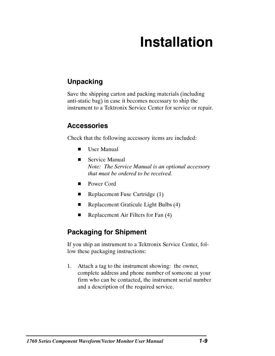 Installation | Tektronix 1760 User Manual | Page 29 / 180