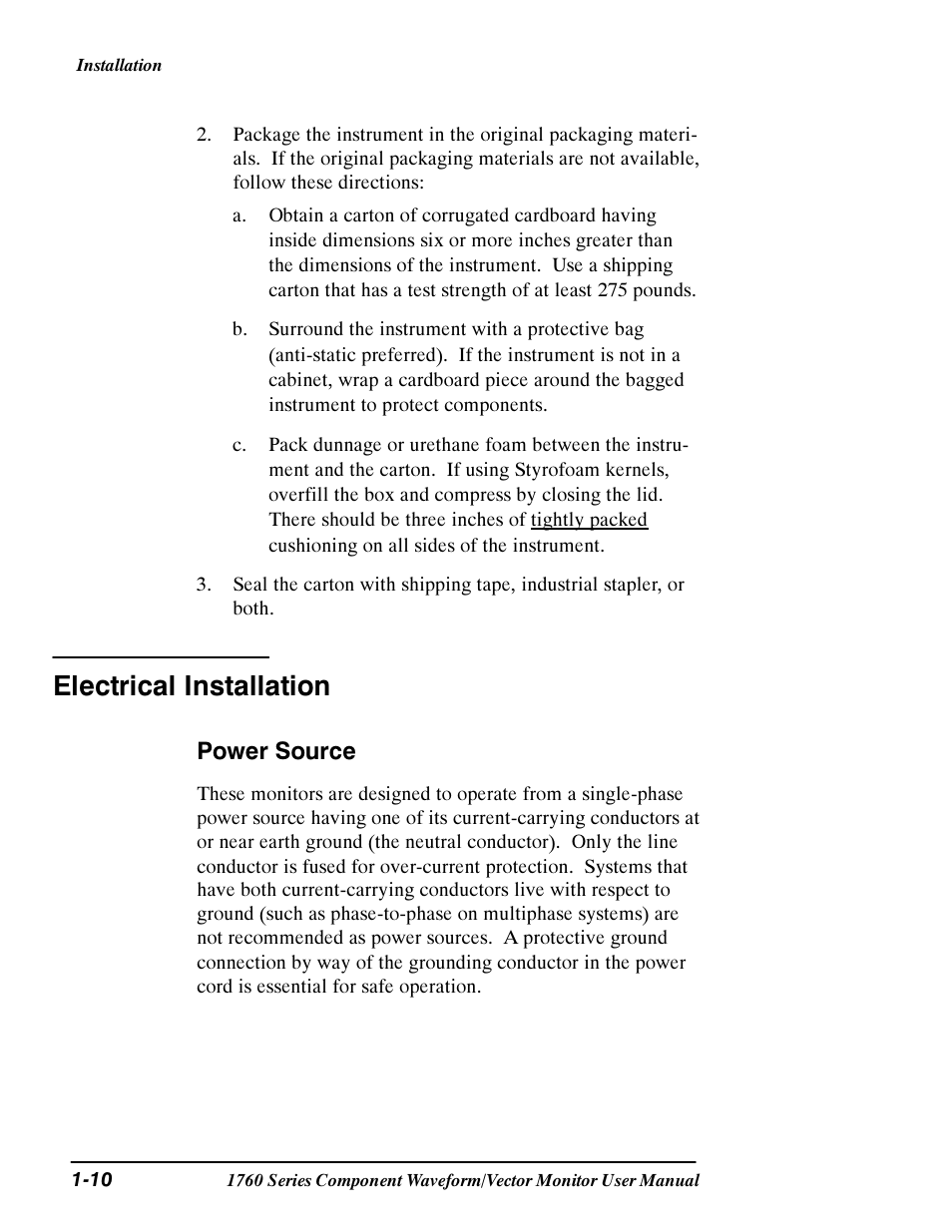 Electrical installation, Power source | Tektronix 1760 User Manual | Page 30 / 180