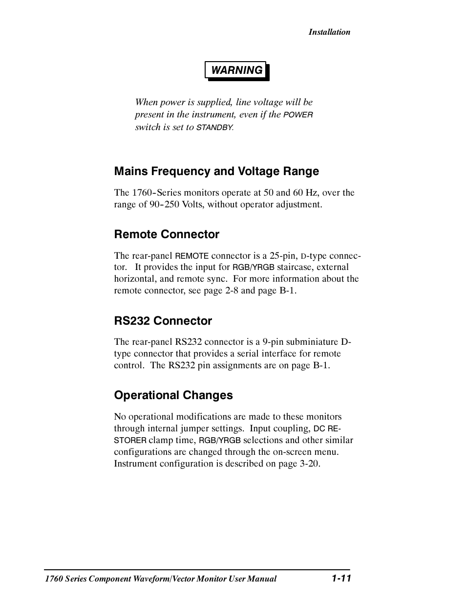 Mains frequency and voltage range, Remote connector, Rs232 connector | Operational changes | Tektronix 1760 User Manual | Page 31 / 180