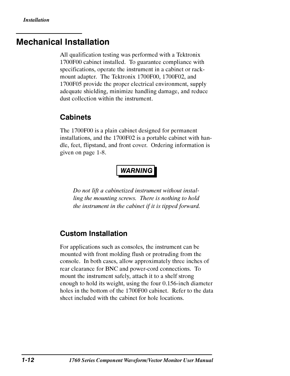 Mechanical installation | Tektronix 1760 User Manual | Page 32 / 180