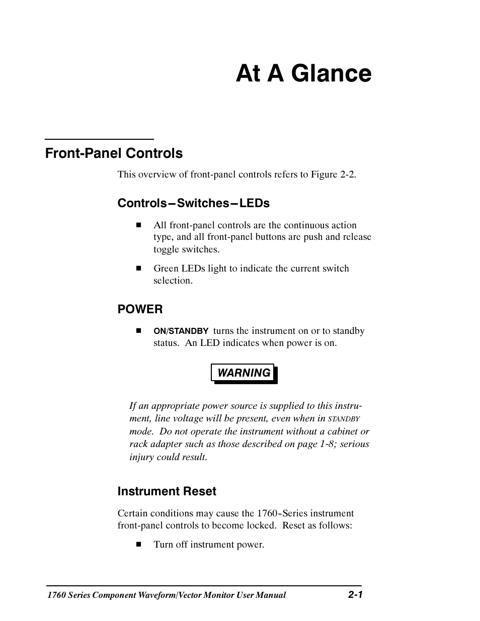 At a glance, Front-panel controls | Tektronix 1760 User Manual | Page 39 / 180