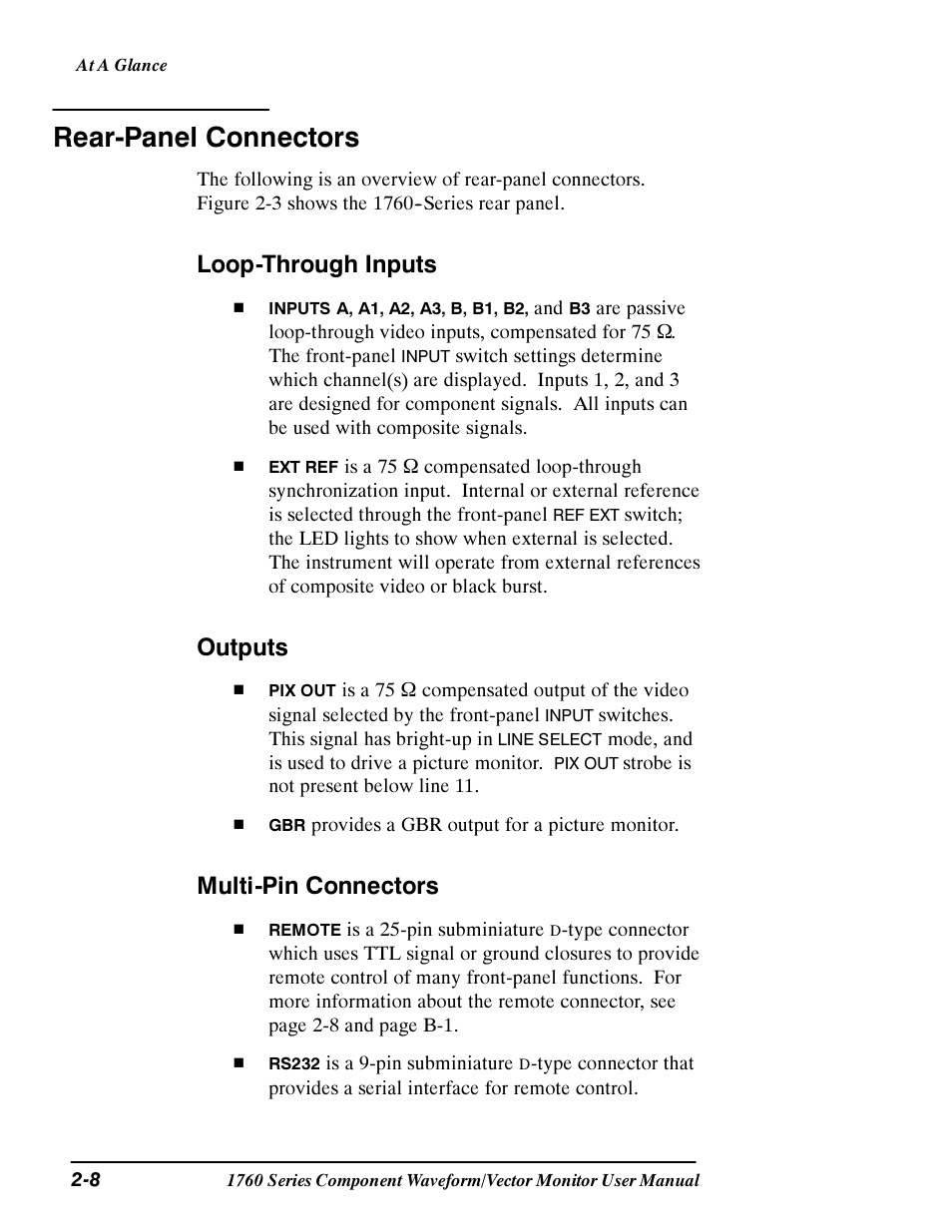 Rear-panel connectors, Loop-through inputs, Outputs | Multi-pin connectors | Tektronix 1760 User Manual | Page 46 / 180