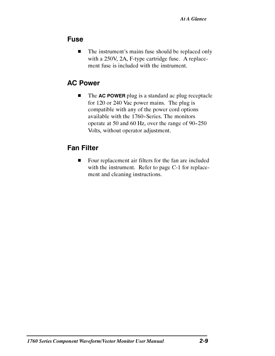 Fuse, Ac power, Fan filter | Tektronix 1760 User Manual | Page 47 / 180