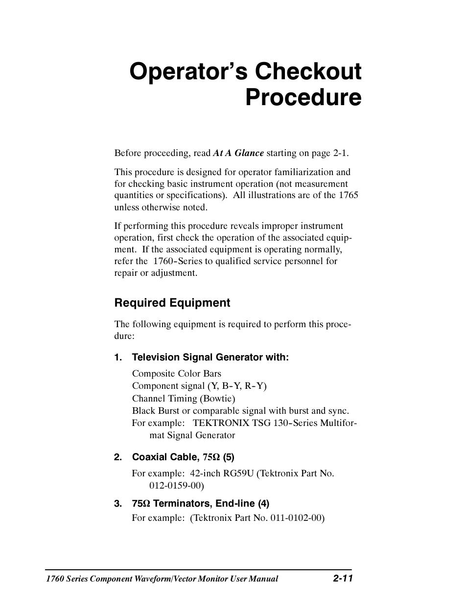 Operator’s checkout procedure | Tektronix 1760 User Manual | Page 49 / 180