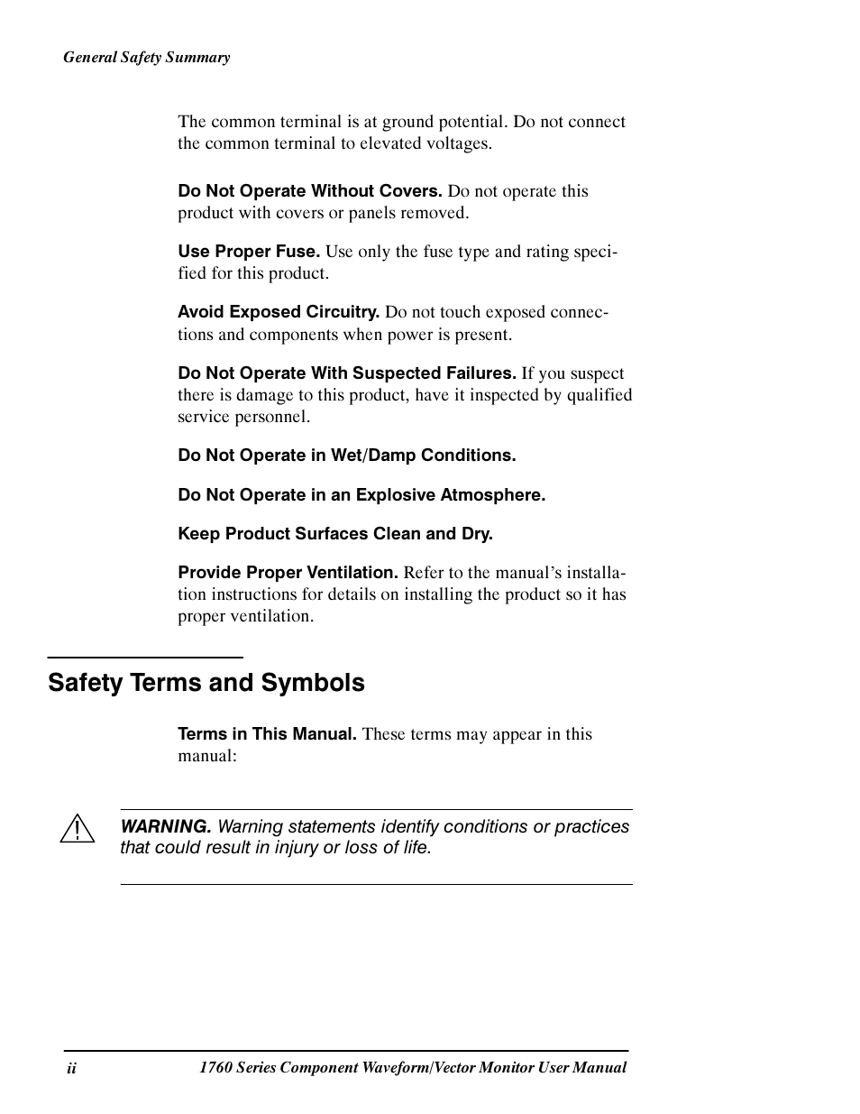 Safety terms and symbols | Tektronix 1760 User Manual | Page 6 / 180
