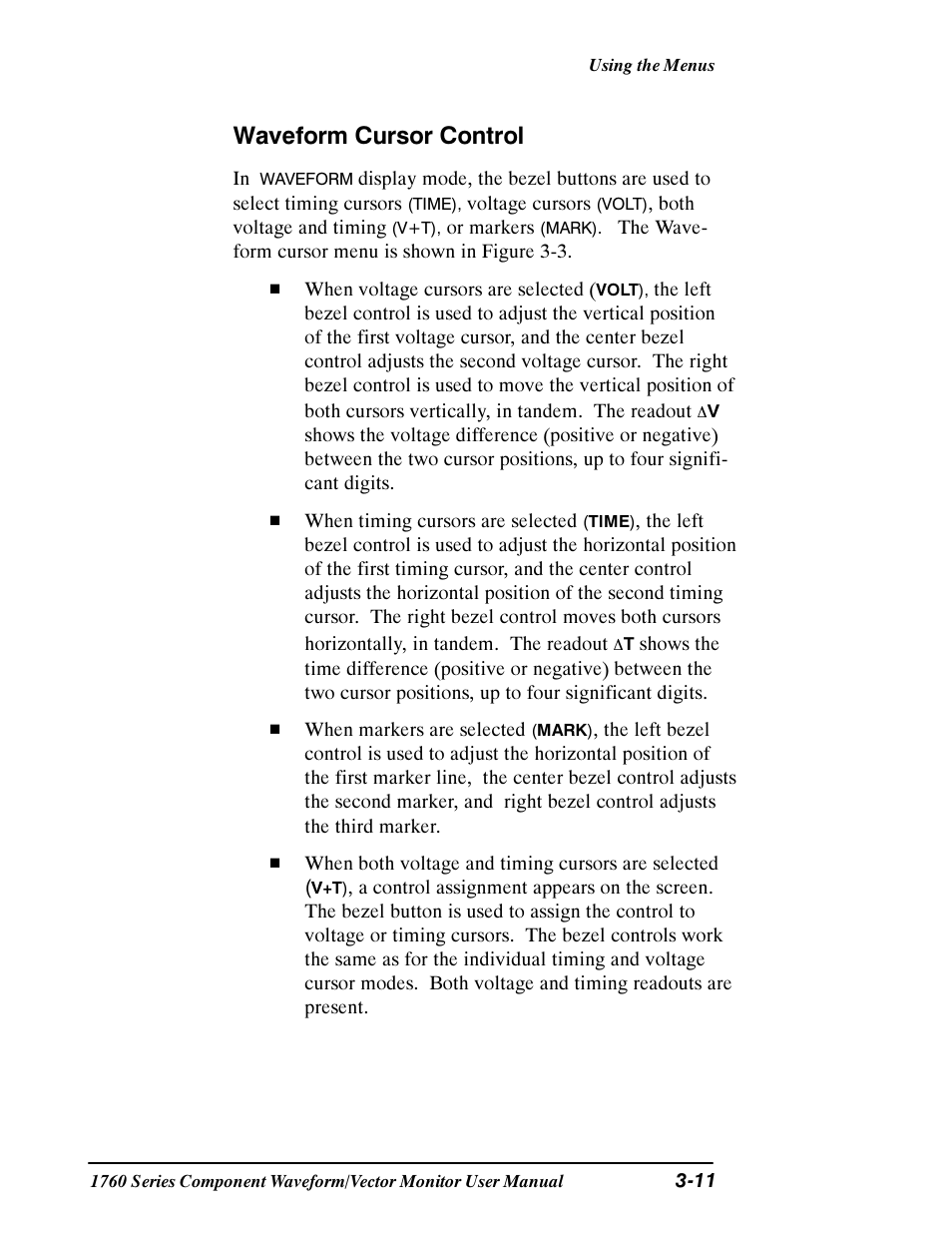Waveform cursor control | Tektronix 1760 User Manual | Page 79 / 180