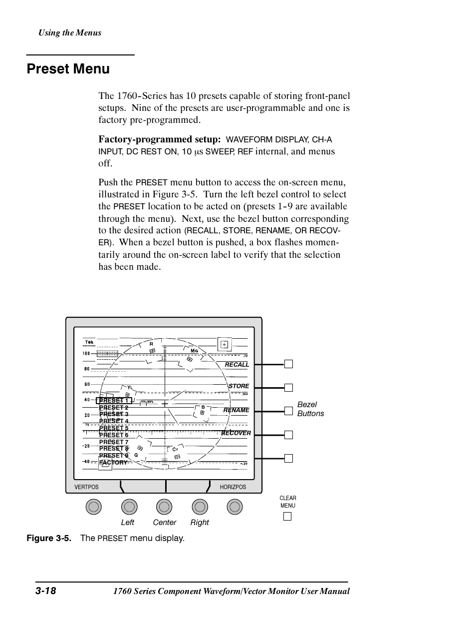 Preset menu, Internal, And menus off. push the | Tektronix 1760 User Manual | Page 86 / 180