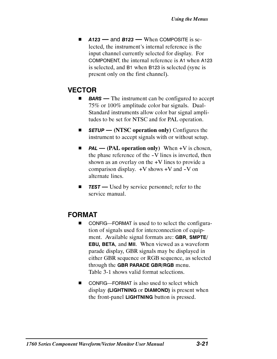 Vector, Format | Tektronix 1760 User Manual | Page 89 / 180