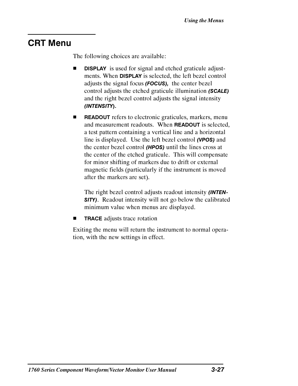 Crt menu | Tektronix 1760 User Manual | Page 95 / 180