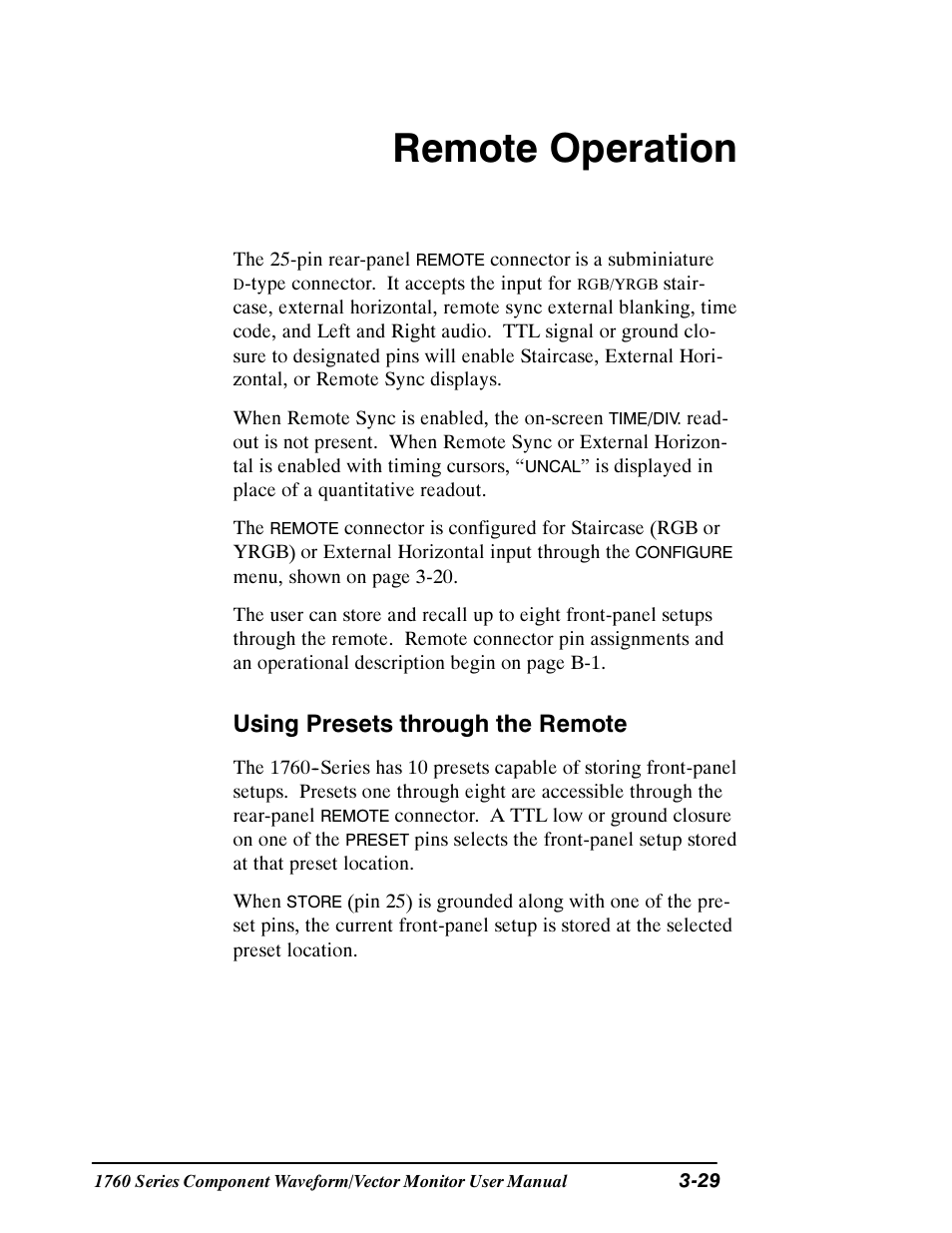 Remote operation, Using presets through the remote | Tektronix 1760 User Manual | Page 97 / 180