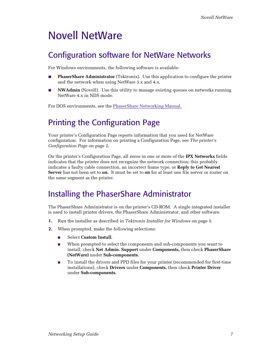 Novell netware, Configuration software for netware networks, Printing the configuration page | Installing the phasershare administrator | Tektronix Phaser Color Printer 750 User Manual | Page 12 / 53