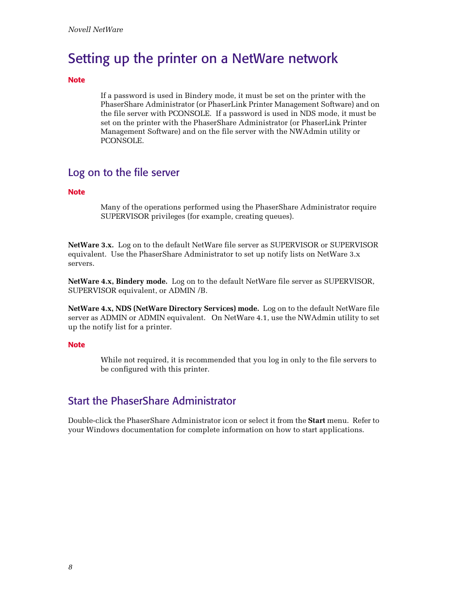 Setting up the printer on a netware network, Log on to the file server, Start the phasershare administrator | Tektronix Phaser Color Printer 750 User Manual | Page 13 / 53