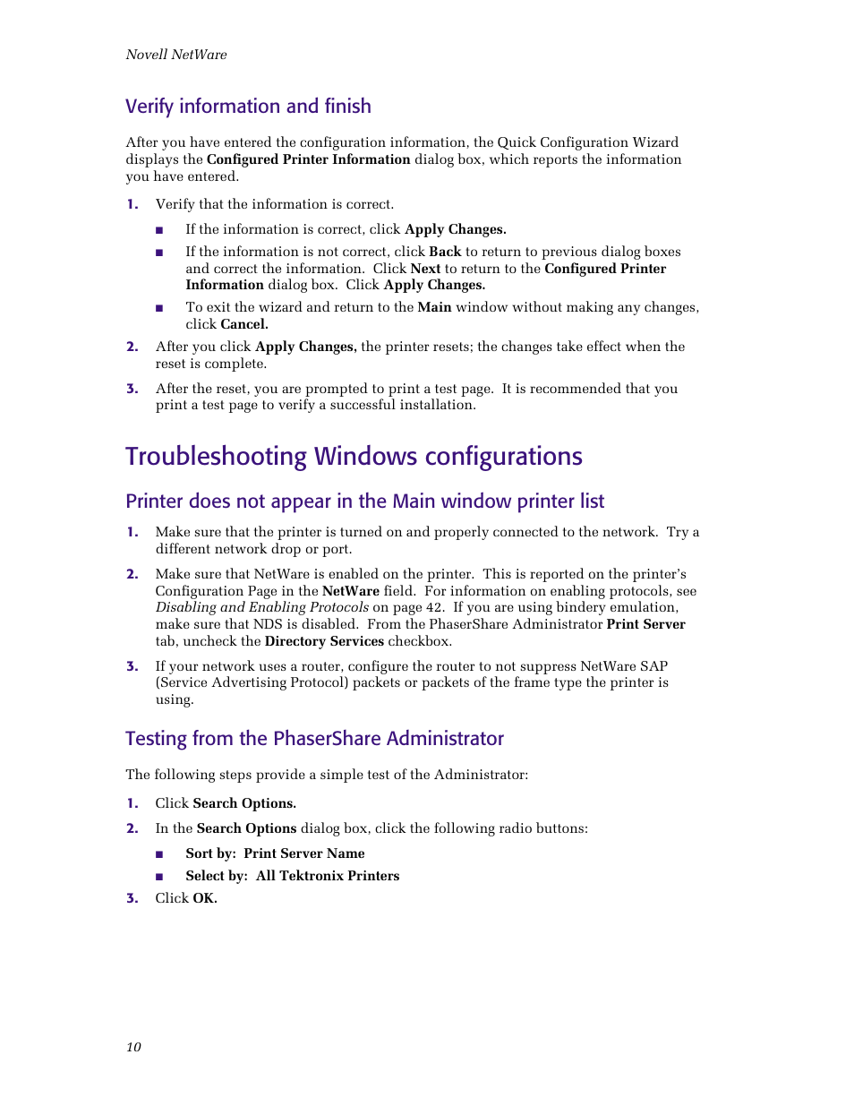 Troubleshooting windows configurations, Verify information and finish, Testing from the phasershare administrator | Tektronix Phaser Color Printer 750 User Manual | Page 15 / 53