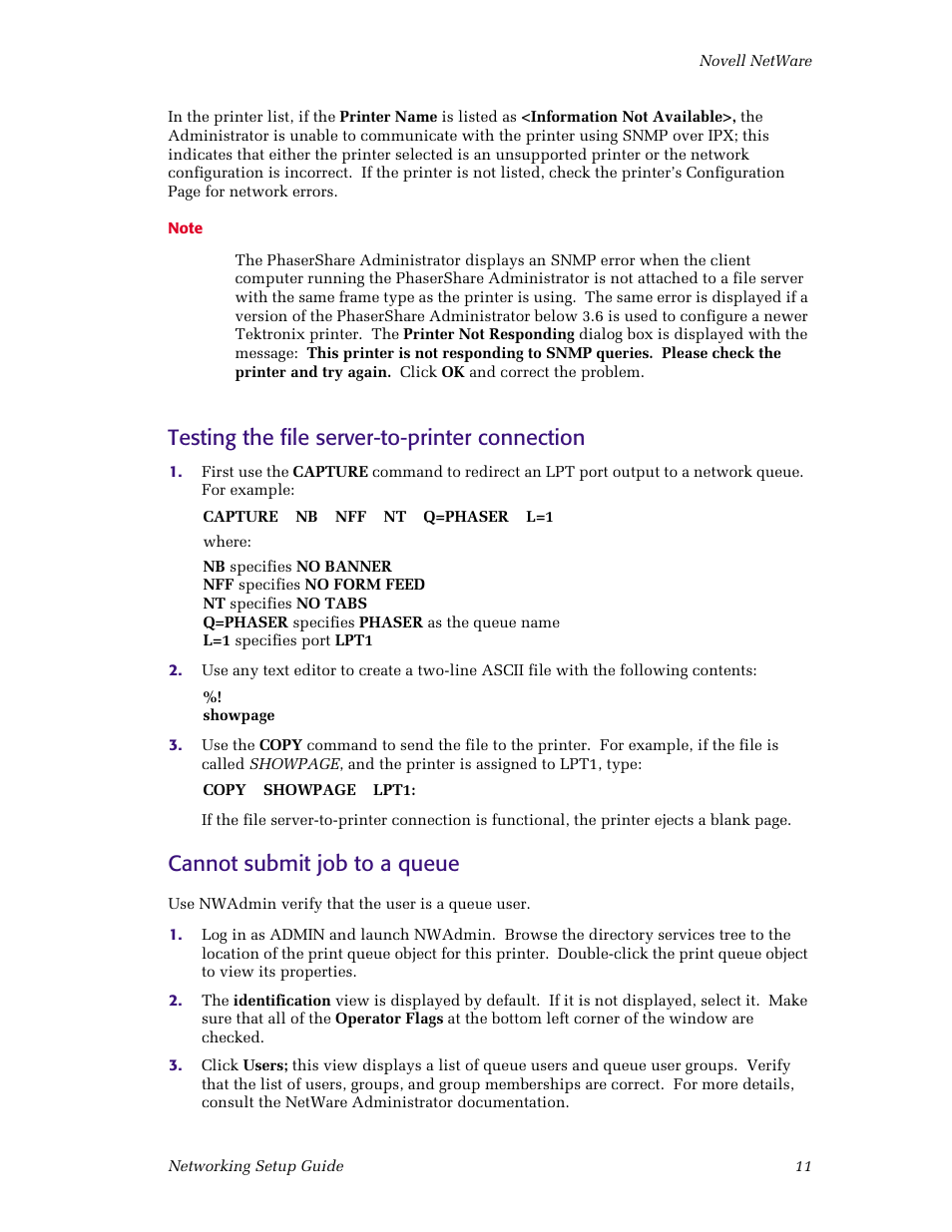 Testing the file server-to-printer connection, Cannot submit job to a queue | Tektronix Phaser Color Printer 750 User Manual | Page 16 / 53