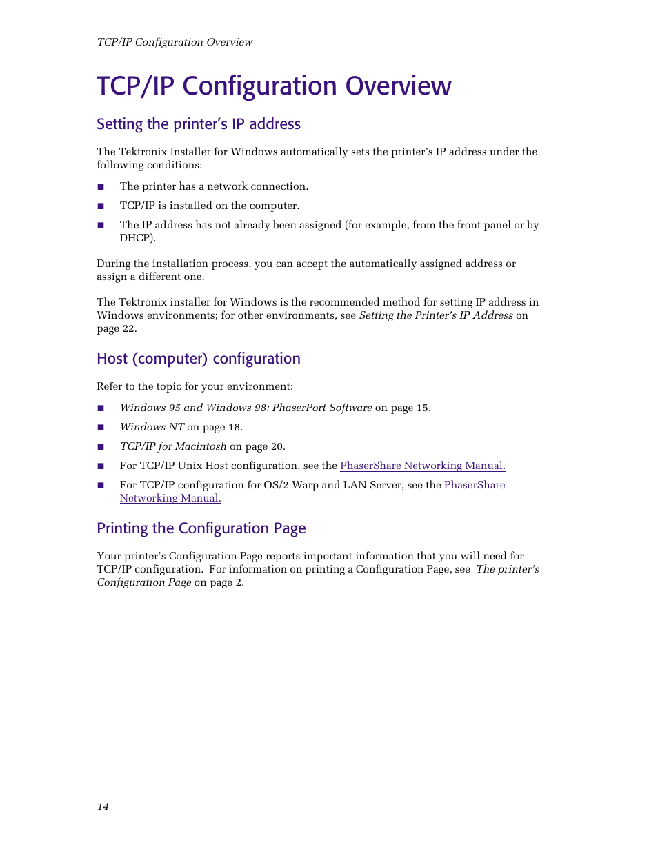 Tcp/ip configuration overview, Setting the printer’s ip address, Host (computer) configuration | Printing the configuration page | Tektronix Phaser Color Printer 750 User Manual | Page 19 / 53