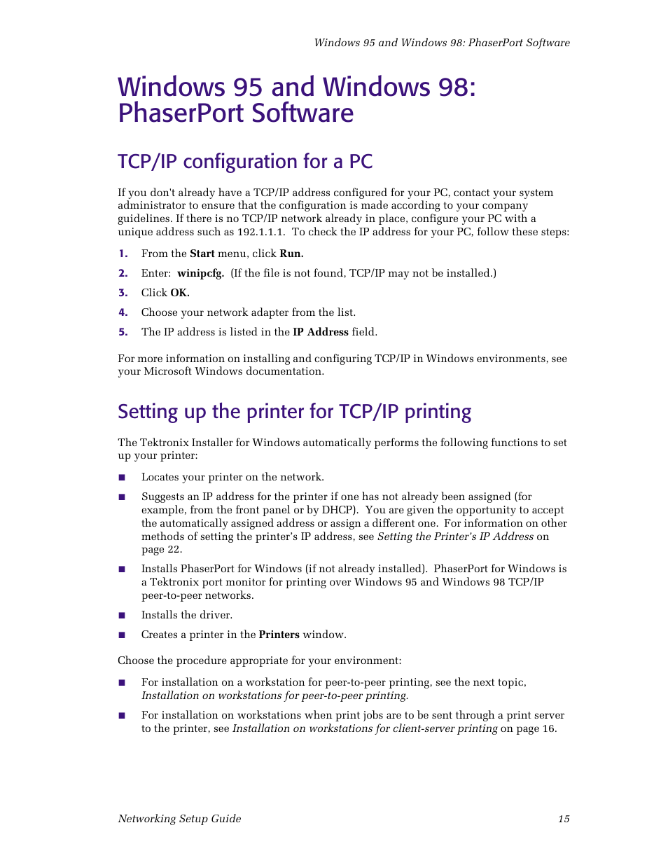 Windows 95 and windows 98: phaserport software, Tcp/ip configuration for a pc, Setting up the printer for tcp/ip printing | Tektronix Phaser Color Printer 750 User Manual | Page 20 / 53