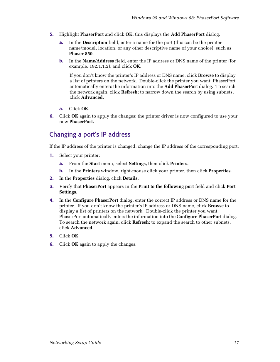 Changing a port’s ip address | Tektronix Phaser Color Printer 750 User Manual | Page 22 / 53