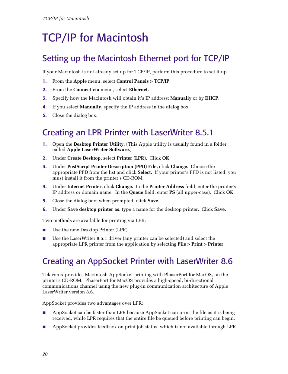 Tcp/ip for macintosh, Setting up the macintosh ethernet port for tcp/ip, Creating an lpr printer with laserwriter 8.5.1 | Creating an appsocket printer with laserwriter 8.6 | Tektronix Phaser Color Printer 750 User Manual | Page 25 / 53