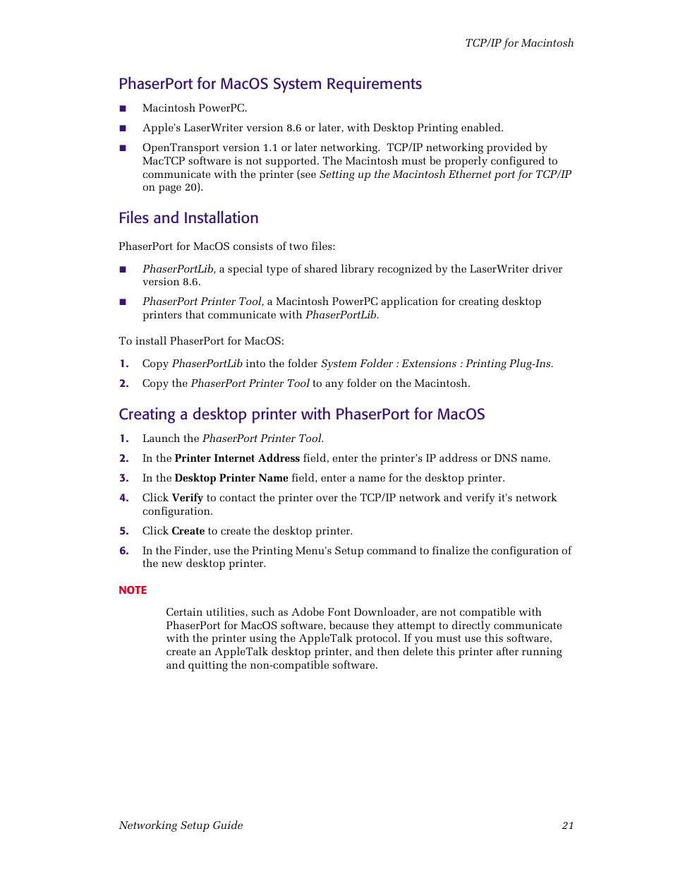 Phaserport for macos system requirements, Files and installation | Tektronix Phaser Color Printer 750 User Manual | Page 26 / 53