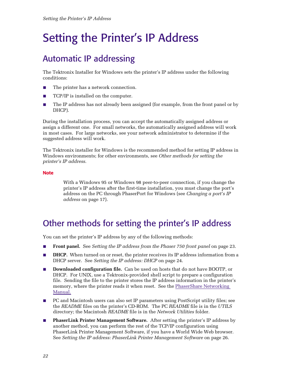 Setting the printer’s ip address, Automatic ip addressing, Other methods for setting the printer’s ip address | Tektronix Phaser Color Printer 750 User Manual | Page 27 / 53