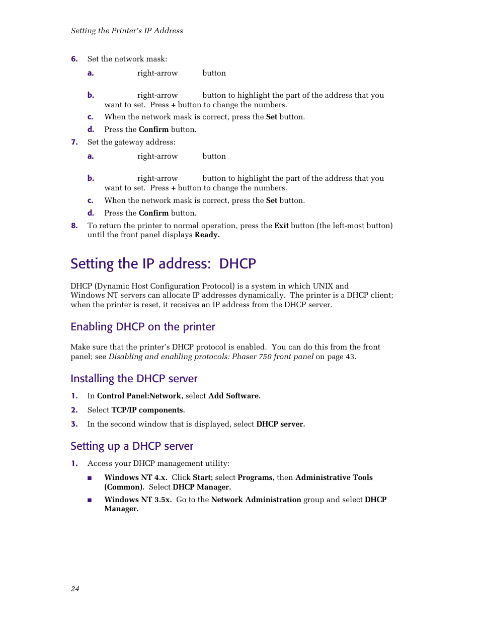 Setting the ip address: dhcp, Enabling dhcp on the printer, Installing the dhcp server | Setting up a dhcp server | Tektronix Phaser Color Printer 750 User Manual | Page 29 / 53