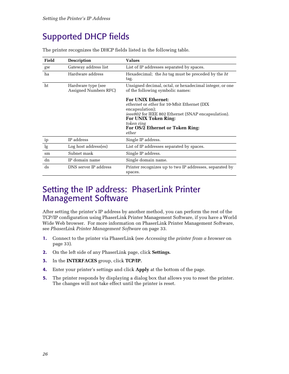 Supported dhcp fields | Tektronix Phaser Color Printer 750 User Manual | Page 31 / 53