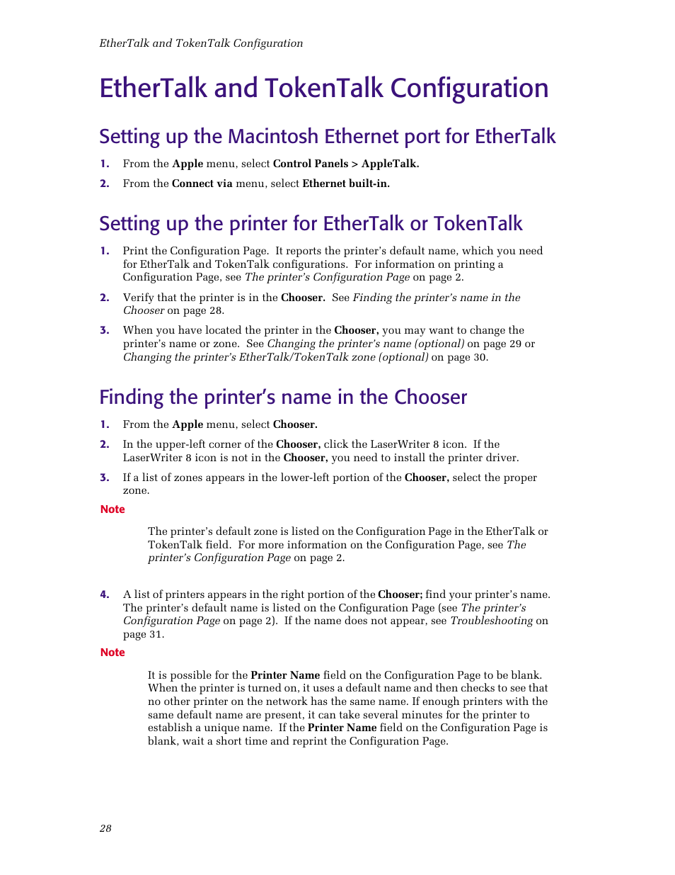 Ethertalk and tokentalk configuration, Setting up the printer for ethertalk or tokentalk, Finding the printer’s name in the chooser | Tektronix Phaser Color Printer 750 User Manual | Page 33 / 53