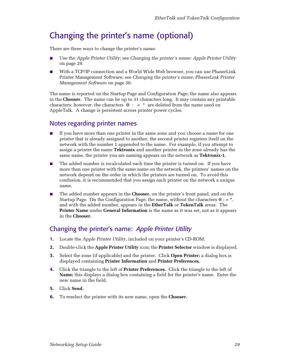 Changing the printer’s name (optional), Changing the printer’s name: apple printer utility | Tektronix Phaser Color Printer 750 User Manual | Page 34 / 53