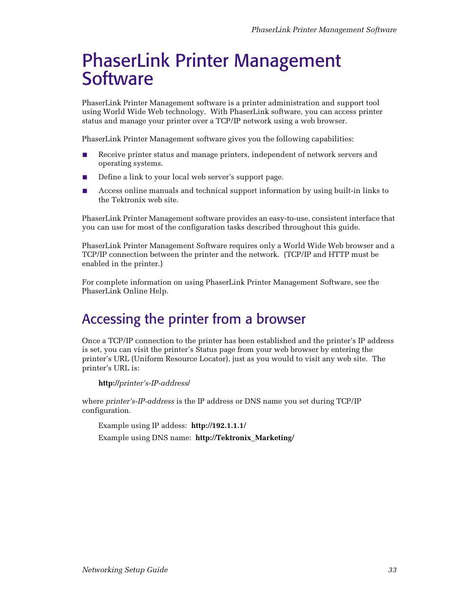 Phaserlink printer management software, Accessing the printer from a browser | Tektronix Phaser Color Printer 750 User Manual | Page 38 / 53