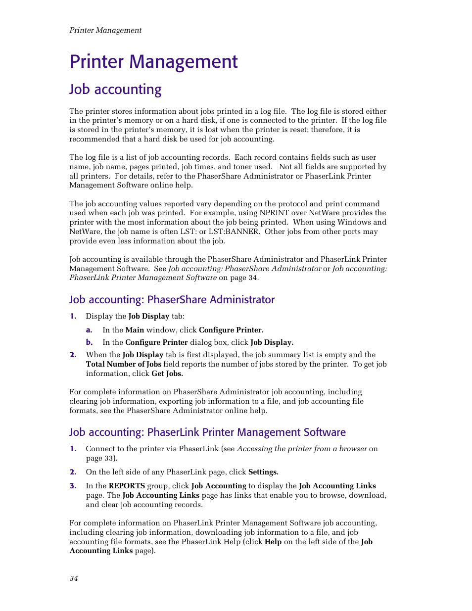 Printer management, Job accounting, Job accounting: phasershare administrator | Tektronix Phaser Color Printer 750 User Manual | Page 39 / 53