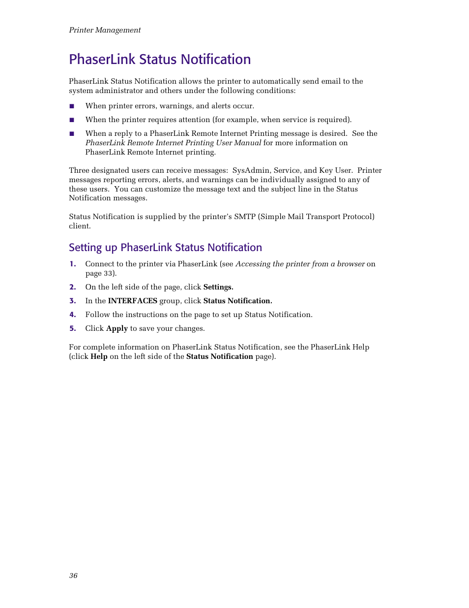 Phaserlink status notification, Setting up phaserlink status notification | Tektronix Phaser Color Printer 750 User Manual | Page 41 / 53