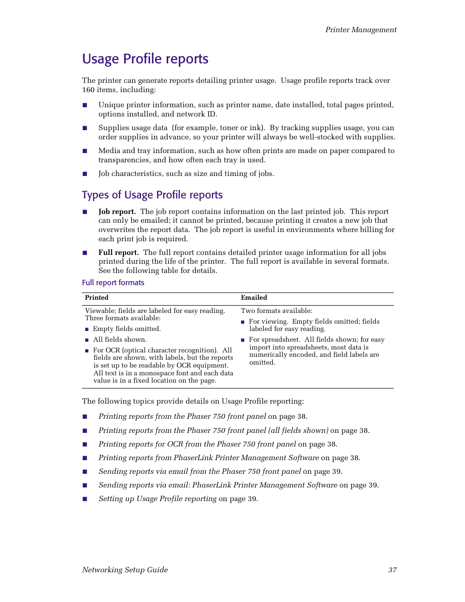 Usage profile reports, Types of usage profile reports | Tektronix Phaser Color Printer 750 User Manual | Page 42 / 53