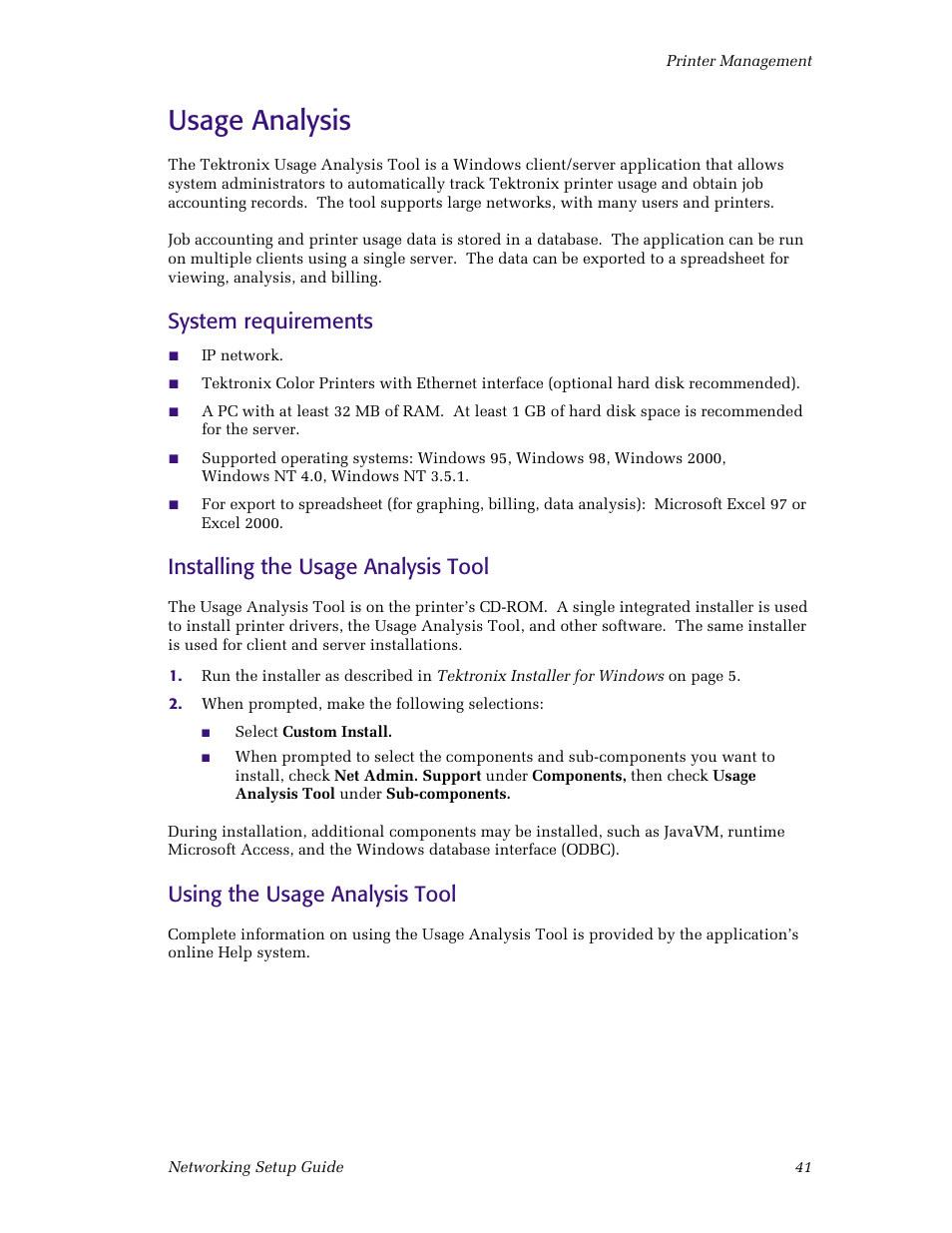 Usage analysis, System requirements, Installing the usage analysis tool | Using the usage analysis tool | Tektronix Phaser Color Printer 750 User Manual | Page 46 / 53