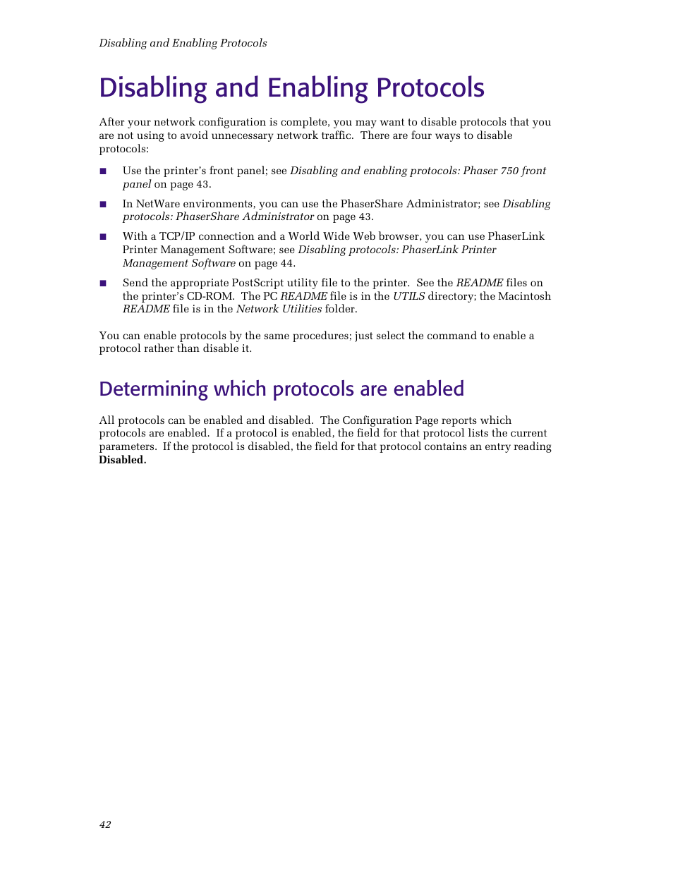 Disabling and enabling protocols, Determining which protocols are enabled | Tektronix Phaser Color Printer 750 User Manual | Page 47 / 53