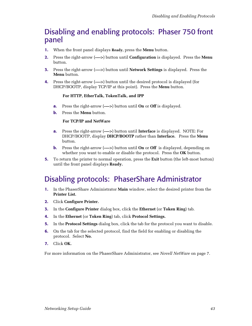 Disabling protocols: phasershare administrator | Tektronix Phaser Color Printer 750 User Manual | Page 48 / 53