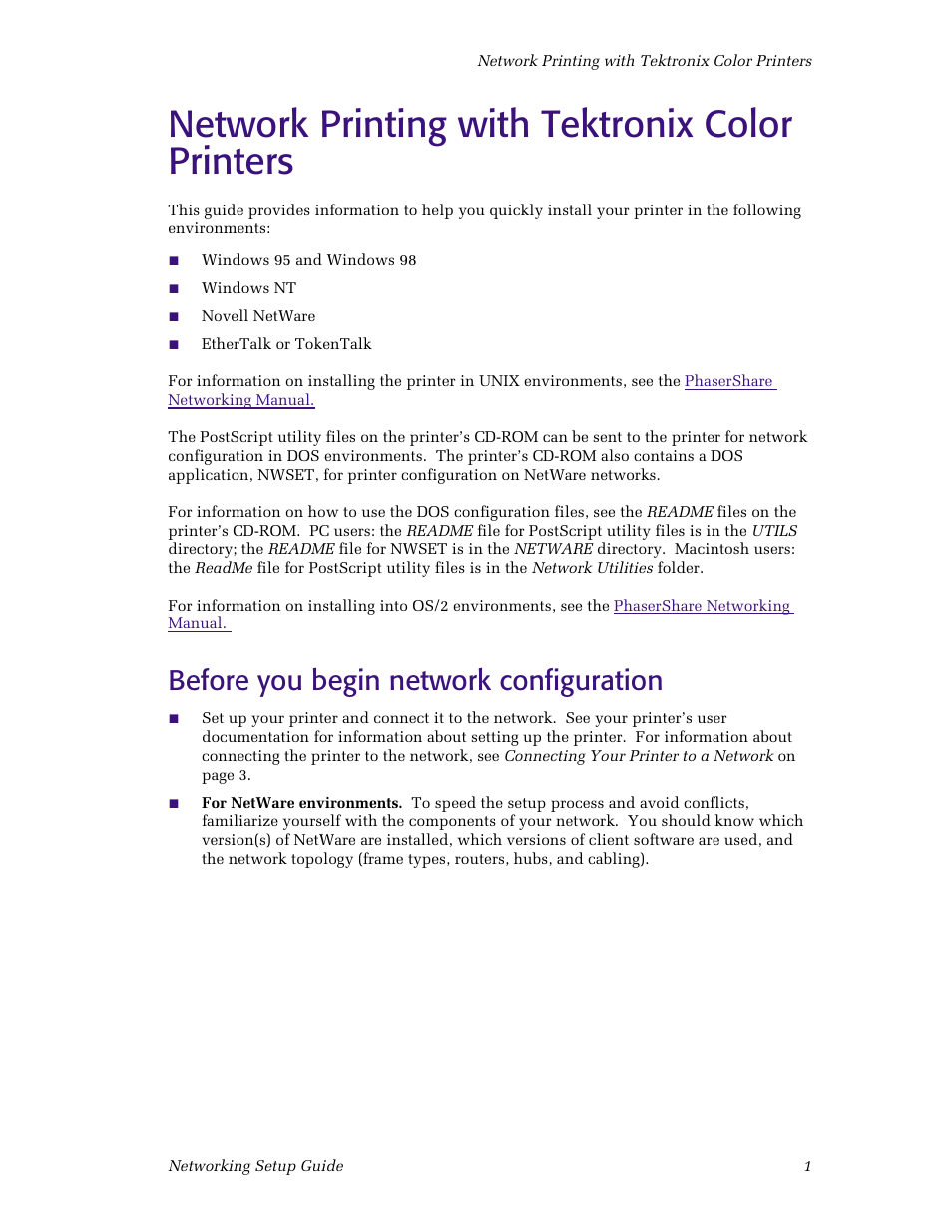 Network printing with tektronix color printers, Before you begin network configuration | Tektronix Phaser Color Printer 750 User Manual | Page 6 / 53