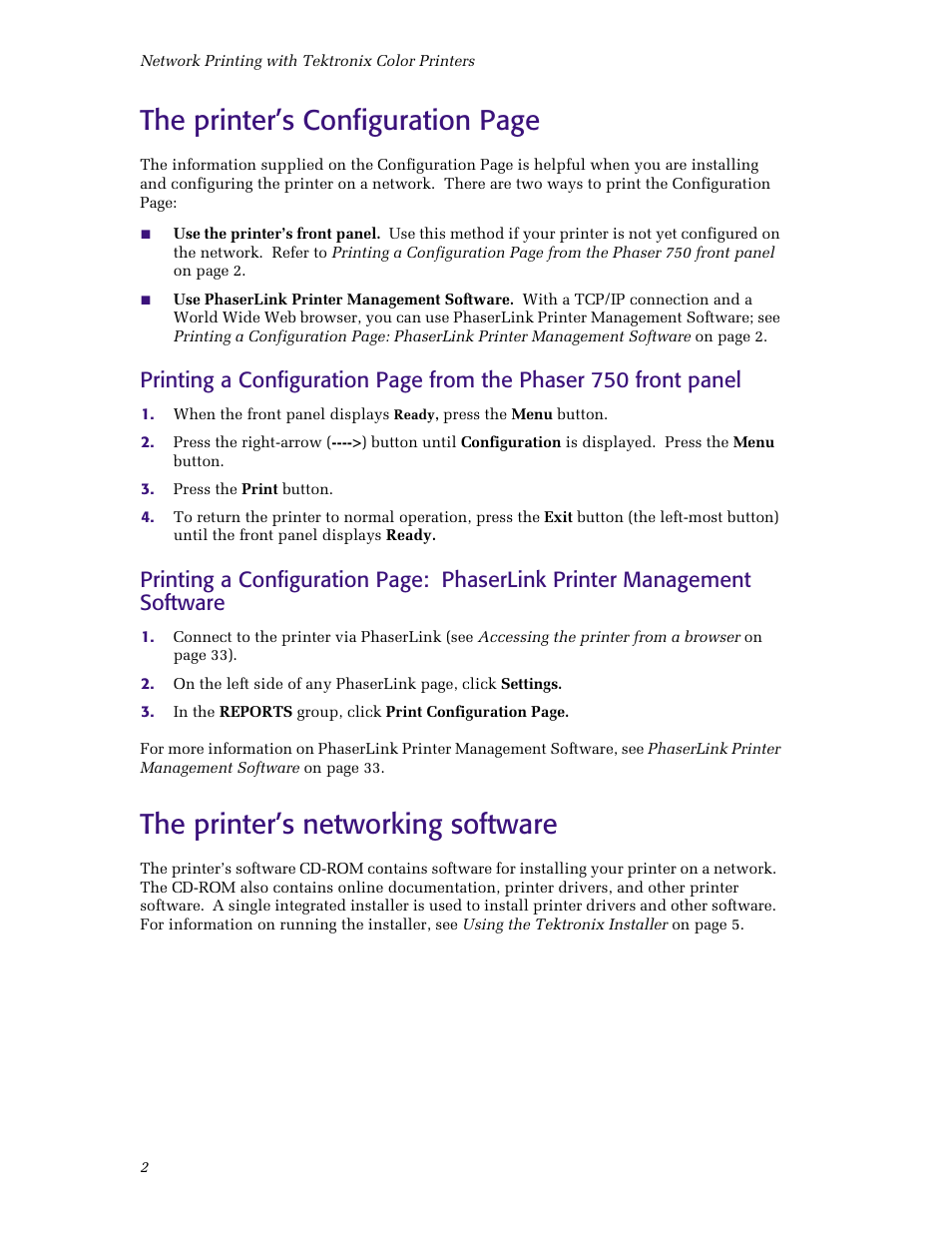 The printer’s configuration page, The printer’s networking software | Tektronix Phaser Color Printer 750 User Manual | Page 7 / 53