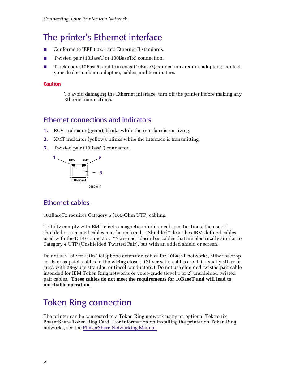 The printer’s ethernet interface, Token ring connection, Ethernet connections and indicators | Ethernet cables | Tektronix Phaser Color Printer 750 User Manual | Page 9 / 53