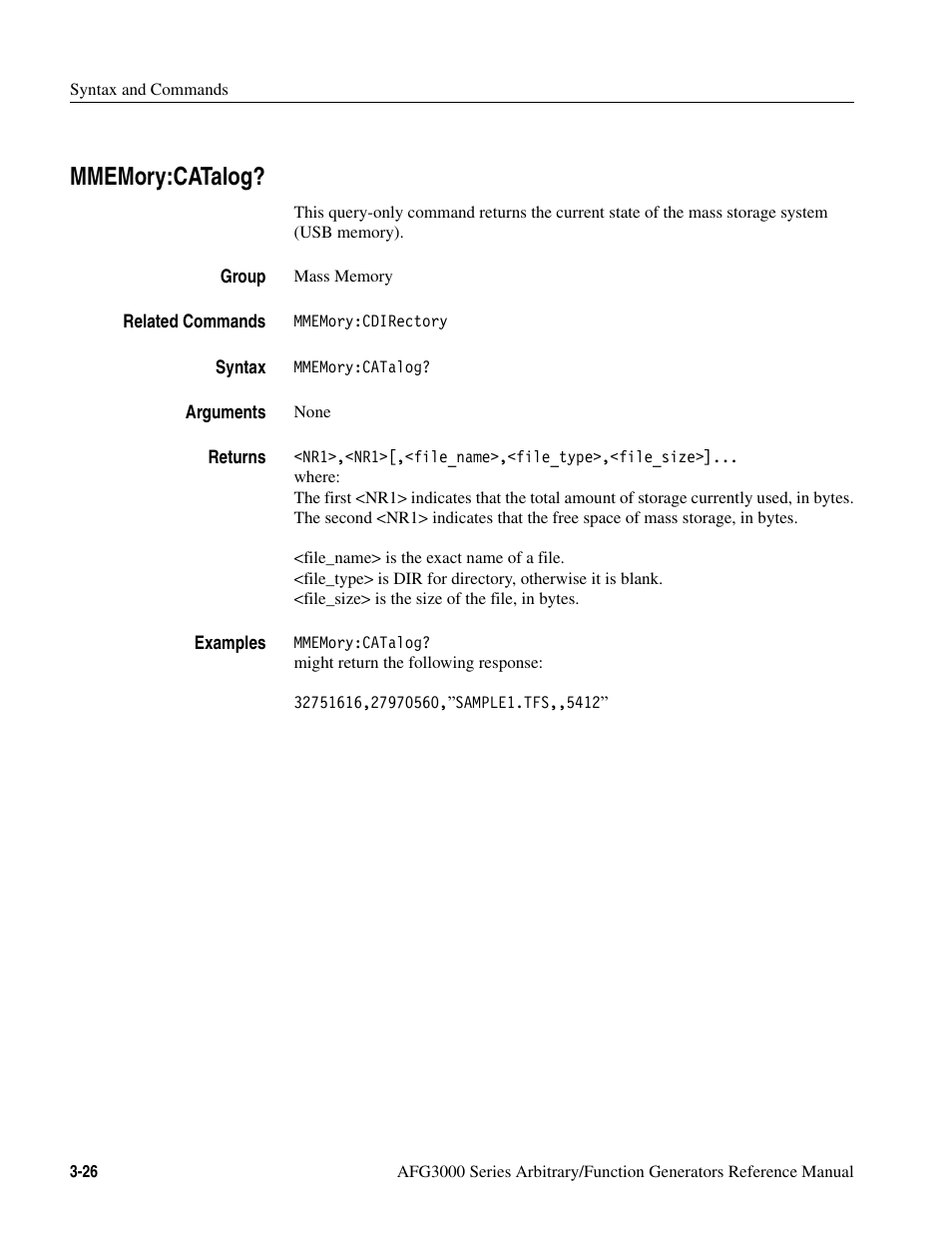 Mmemory:catalog, Mmemory:catalog? -26 | Tektronix AFG3000 User Manual | Page 100 / 230