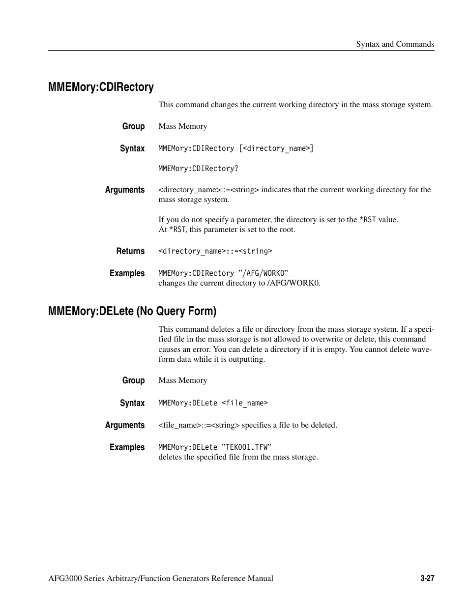 Mmemory:cdirectory, Mmemory:delete (no query form) | Tektronix AFG3000 User Manual | Page 101 / 230