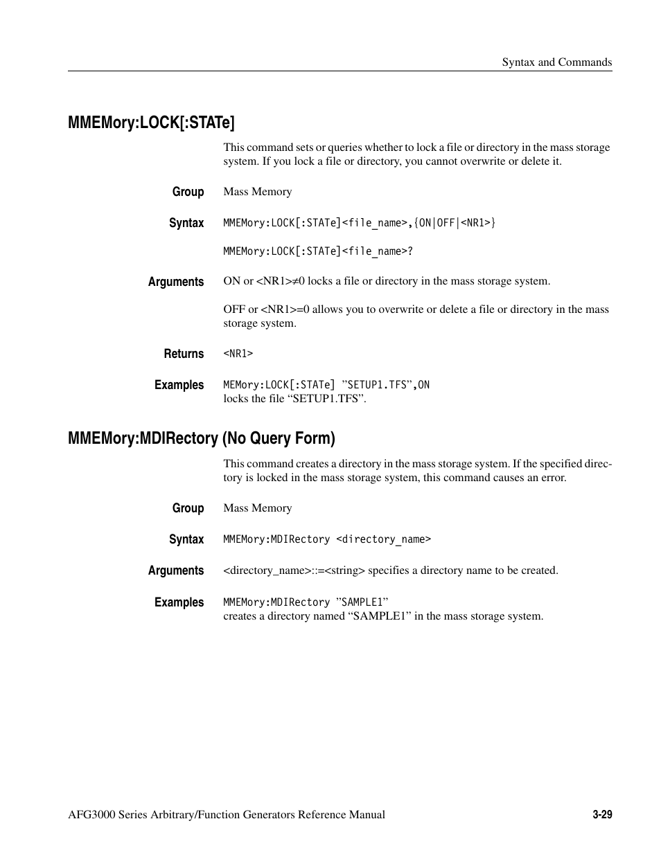 Mmemory:lock[:state, Mmemory:mdirectory (no query form) | Tektronix AFG3000 User Manual | Page 103 / 230