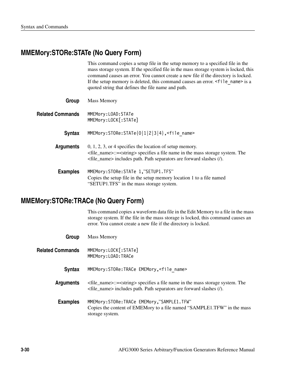 Mmemory:store:state (no query form), Mmemory:store:trace (no query form) | Tektronix AFG3000 User Manual | Page 104 / 230